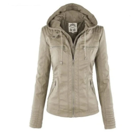 Beige Detachable Hooded Leather Jacket with Zipper and Pockets for Casual Wear