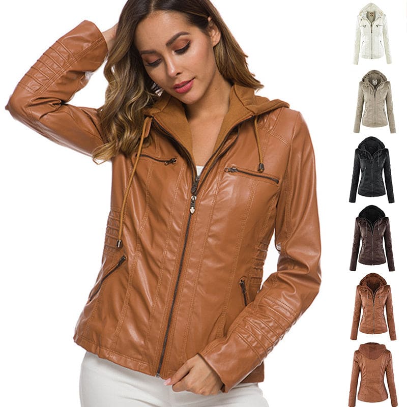 Detachable Hooded Leather Jacket with Pockets – Casual Solid Color Women’s Coat for Autumn & Winter