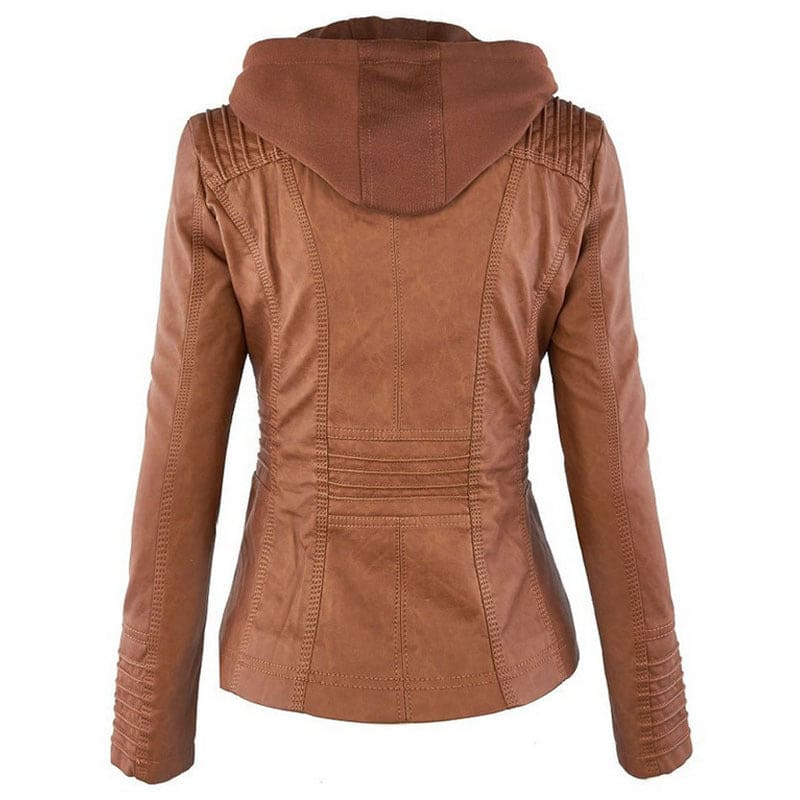 Detachable Hooded Leather Jacket with Pockets – Casual Solid Color Women’s Coat for Autumn & Winter