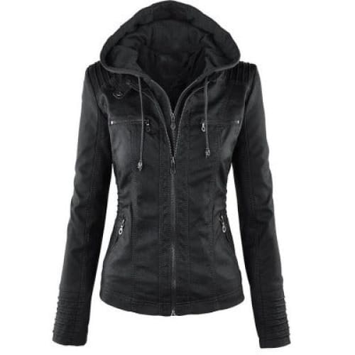 Detachable Hooded Leather Jacket with Pockets – Casual Solid Color Women’s Coat for Autumn & Winter - Black / 2XL