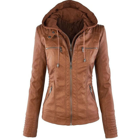 Detachable Hooded Leather Jacket with Pockets – Casual Solid Color Women’s Coat for Autumn & Winter - Brown / 2XL