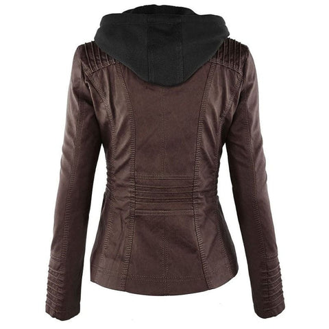 Detachable Hooded Leather Jacket with Pockets – Casual Solid Color Women’s Coat for Autumn & Winter