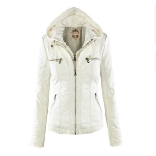 Detachable Hooded Leather Jacket with Pockets – Casual Solid Color Women’s Coat for Autumn & Winter - White / 2XL