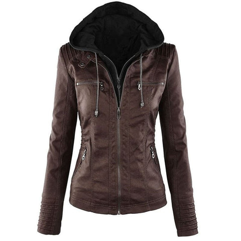 Detachable Hooded Leather Jacket with Pockets – Casual Solid Color Women’s Coat for Autumn & Winter - Coffee / 2XL