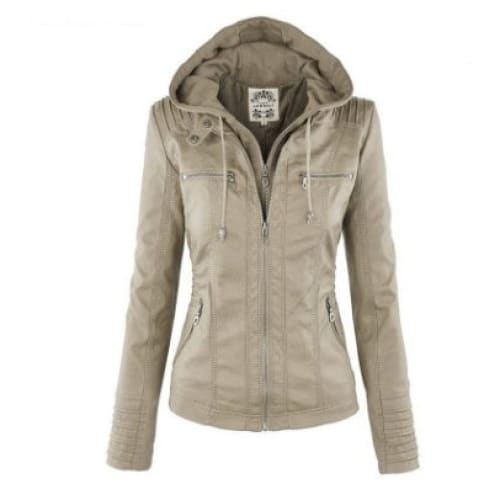 Detachable Hooded Leather Jacket with Pockets – Casual Solid Color Women’s Coat for Autumn & Winter - Apricot / 2XL