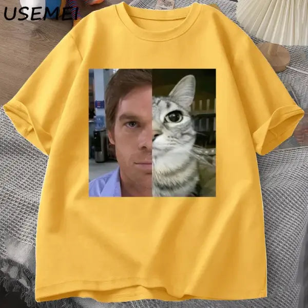 Dexter Morgan Cat T-Shirt – Funny Cotton Unisex Streetwear Tee | Harajuku Printed Top - Yellow / XL