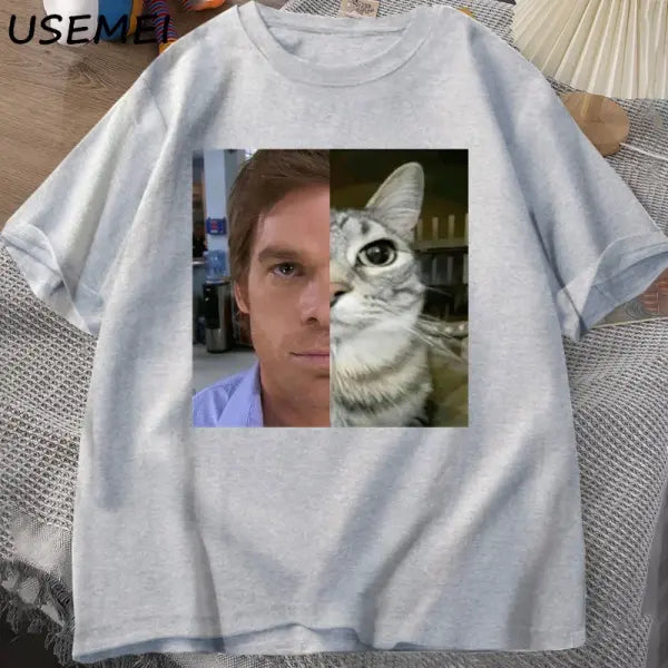 Dexter Morgan Cat T-Shirt – Funny Cotton Unisex Streetwear Tee | Harajuku Printed Top - GRAY / S