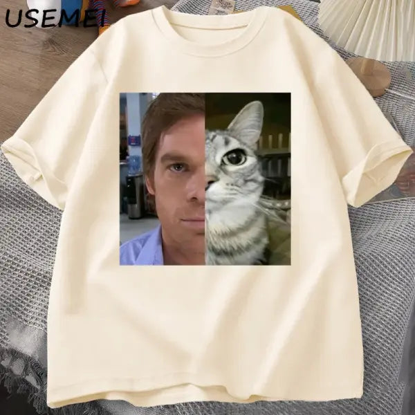 Dexter Morgan Cat T-Shirt – Funny Cotton Unisex Streetwear Tee | Harajuku Printed Top - Khaki / XL