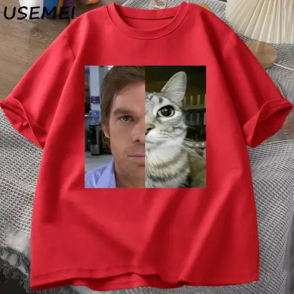 Dexter Morgan Cat T-Shirt – Funny Cotton Unisex Streetwear Tee | Harajuku Printed Top - Red / XL