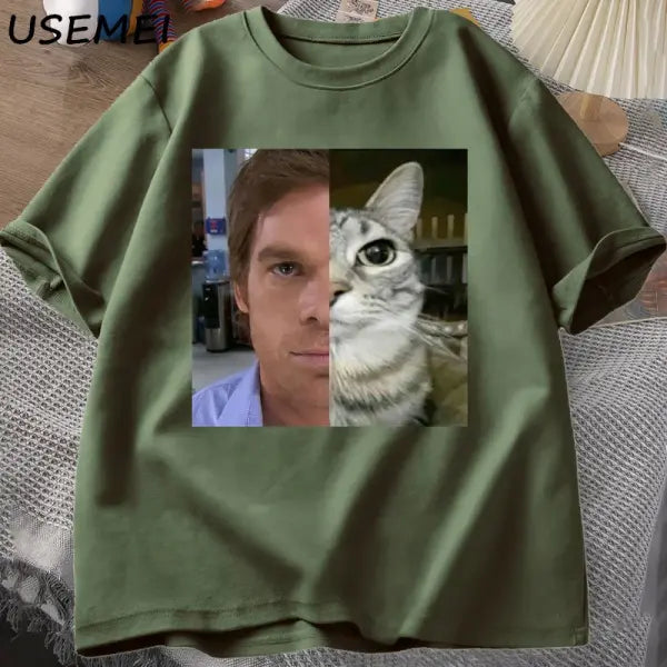 Dexter Morgan Cat T-Shirt – Funny Cotton Unisex Streetwear Tee | Harajuku Printed Top - green / M