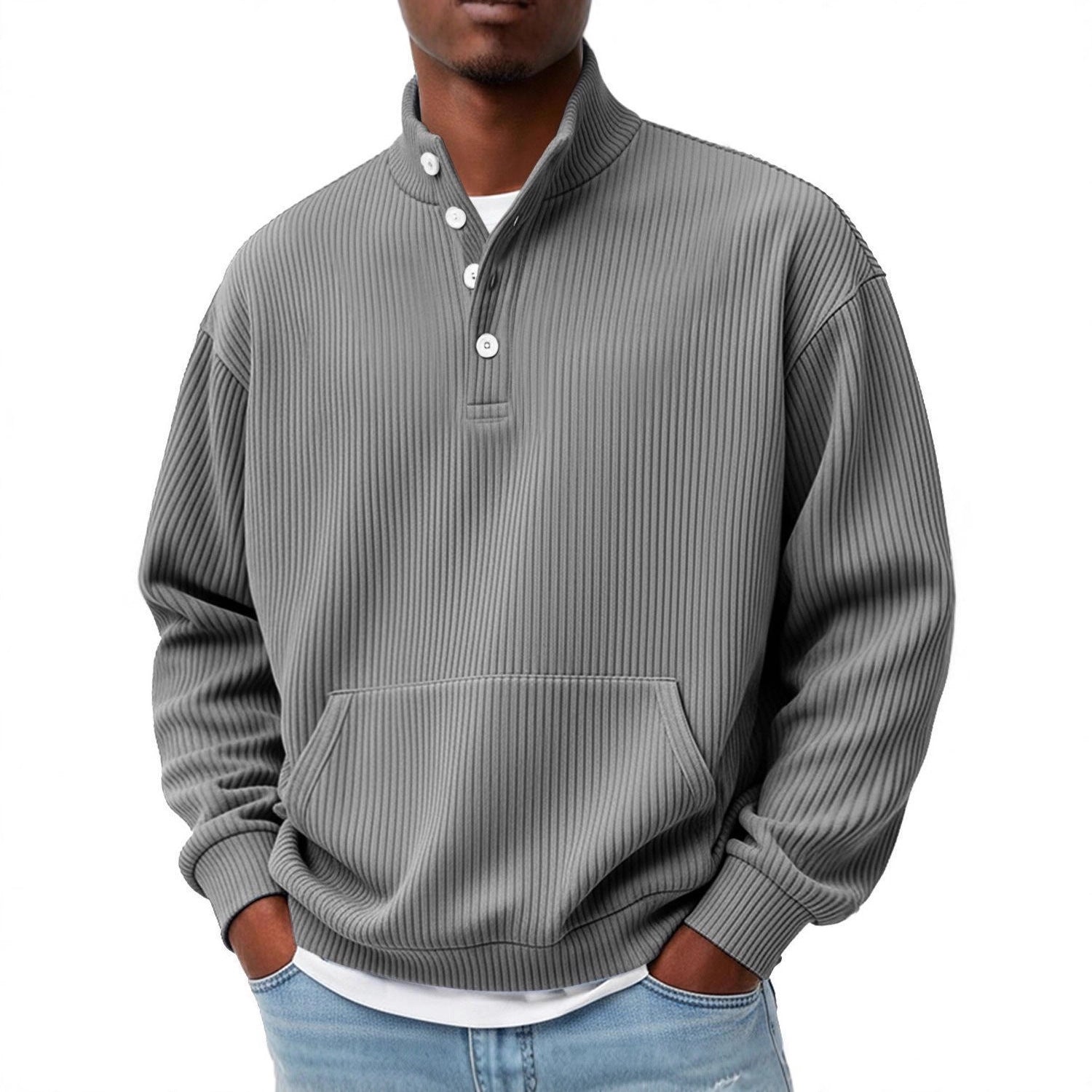 Mens Solid-Color Turtleneck Casual Long-Sleeve Polo Sweatshirt With Pockets For Men Spring Autumn Clothing Loose Button