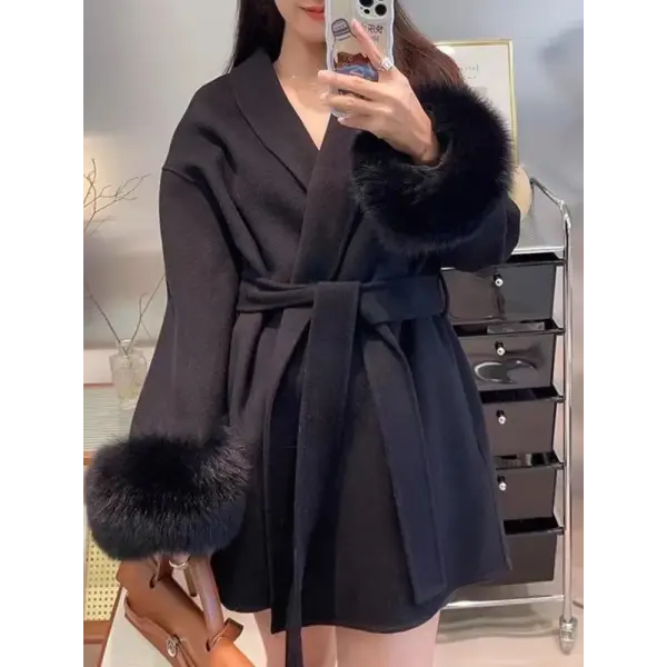 Women’s Cashmere Wool Blend Lace-Up Coat – Autumn Winter Fashion Jacket - black / M