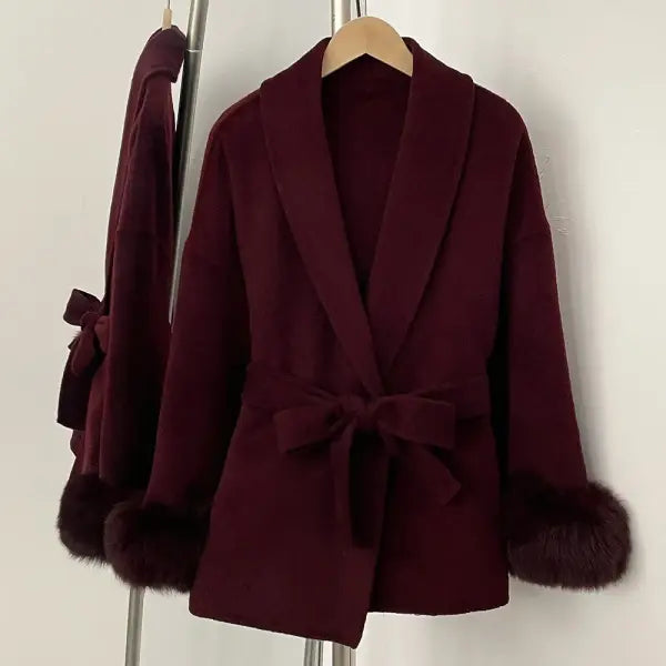 Women’s Cashmere Wool Blend Lace-Up Coat – Autumn Winter Fashion Jacket - Red / S