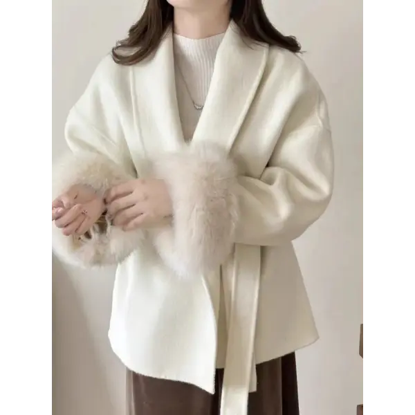 Women’s Cashmere Wool Blend Lace-Up Coat – Autumn Winter Fashion Jacket - Beige / M