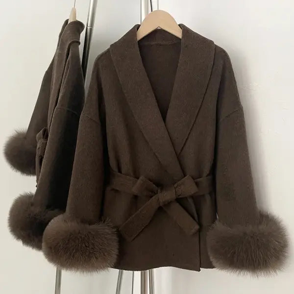 Women’s Cashmere Wool Blend Lace-Up Coat – Autumn Winter Fashion Jacket - Brown / S