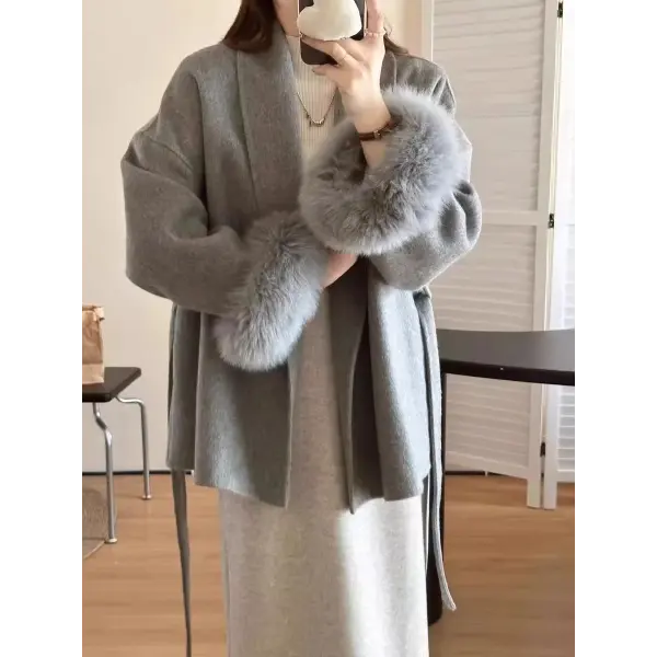 Women’s Cashmere Wool Blend Lace-Up Coat – Autumn Winter Fashion Jacket - Gray / M