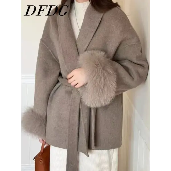 Women’s Cashmere Wool Blend Lace-Up Coat – Autumn Winter Fashion Jacket