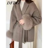 Women’s Cashmere Wool Blend Lace-Up Coat – Autumn Winter Fashion Jacket