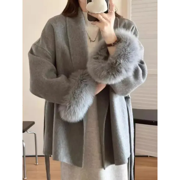 Women’s Cashmere Wool Blend Lace-Up Coat – Autumn Winter Fashion Jacket