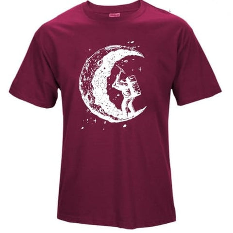 Digging The Moon Print Casual Mens O-neck T Shirts Fashion Men’s Tops Men T-shirt Short Sleeve Men Tshirt - Claret