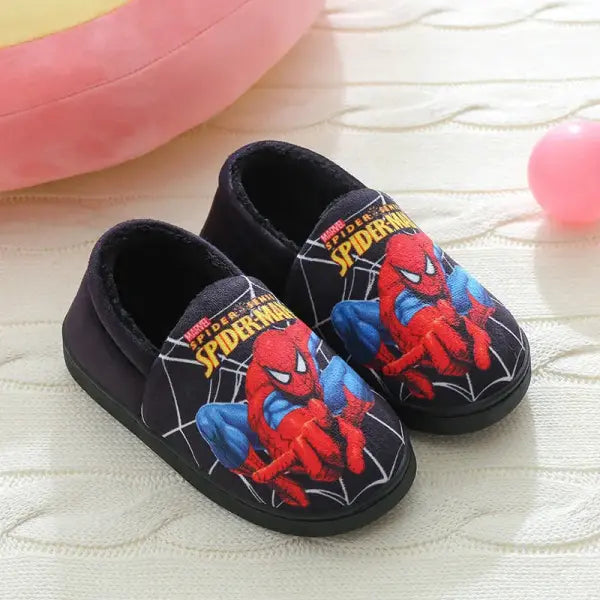 Disney Spider-Man Cartoon Kids & Adults Cotton Slippers – Toddler Winter Warm Indoor Home Shoes - Black heel
