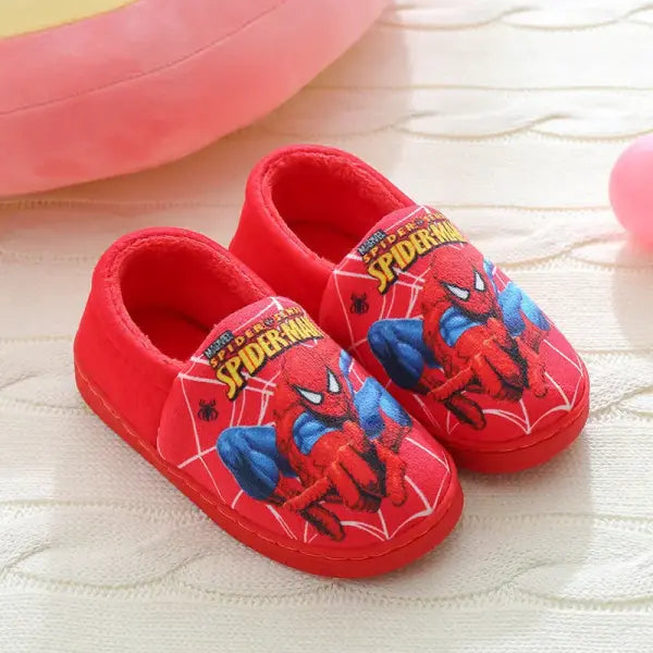 Disney Spider-Man Cartoon Kids & Adults Cotton Slippers – Toddler Winter Warm Indoor Home Shoes - Red heel