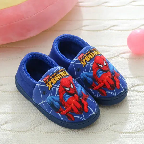 Disney Spider-Man Cartoon Kids & Adults Cotton Slippers – Toddler Winter Warm Indoor Home Shoes - Blue heel