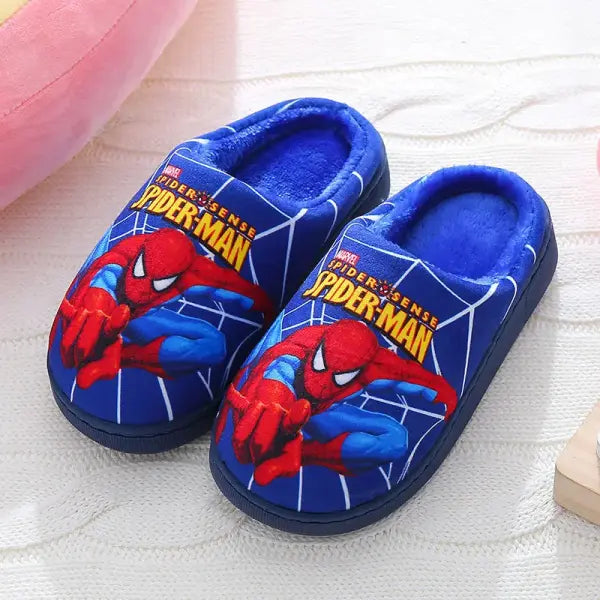 Disney Spider-Man Cartoon Kids & Adults Cotton Slippers – Toddler Winter Warm Indoor Home Shoes - Blue / 32-33Insole