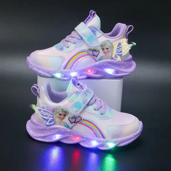 Disney Girls’ Casual Shoes Led Lights Mesh Breathable Children’s Sports Princess Elsa Pink Purple Shoes Sneakers Size