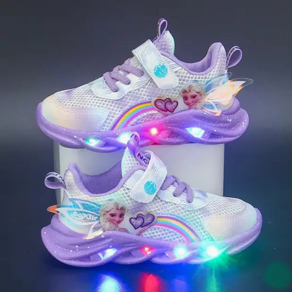 Disney Girls’ Casual Shoes Led Lights Mesh Breathable Children’s Sports Princess Elsa Pink Purple Shoes Sneakers Size