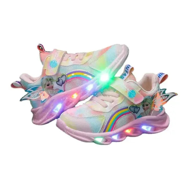 Disney Girls’ Casual Shoes Led Lights Mesh Breathable Children’s Sports Princess Elsa Pink Purple Shoes Sneakers Size