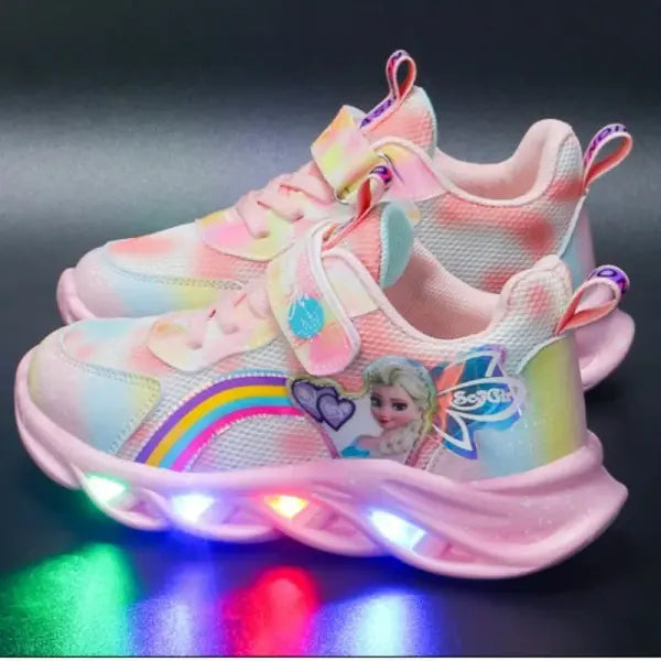 Disney Girls’ Casual Shoes Led Lights Mesh Breathable Children’s Sports Princess Elsa Pink Purple Shoes Sneakers Size