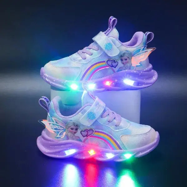 Disney Girls’ Casual Shoes Led Lights Mesh Breathable Children’s Sports Princess Elsa Pink Purple Shoes Sneakers Size