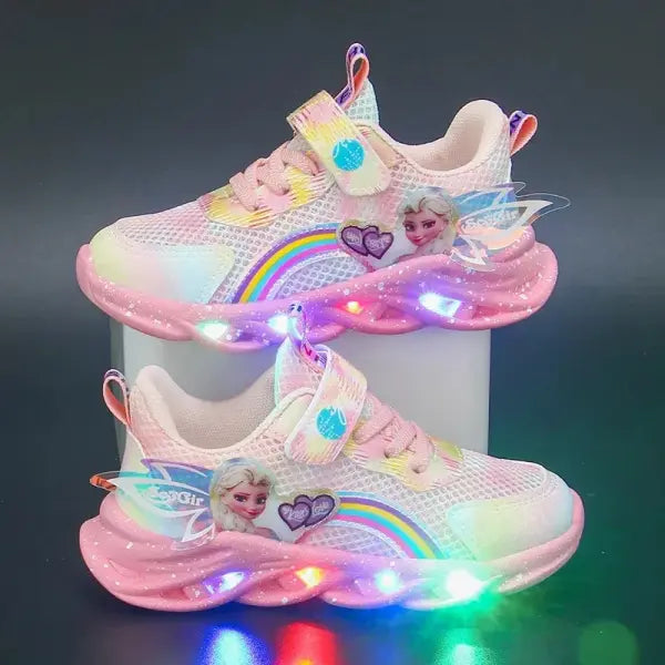 Disney Girls’ Casual Shoes Led Lights Mesh Breathable Children’s Sports Princess Elsa Pink Purple Shoes Sneakers Size
