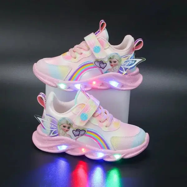 Disney Girls’ Casual Shoes Led Lights Mesh Breathable Children’s Sports Princess Elsa Pink Purple Shoes Sneakers Size
