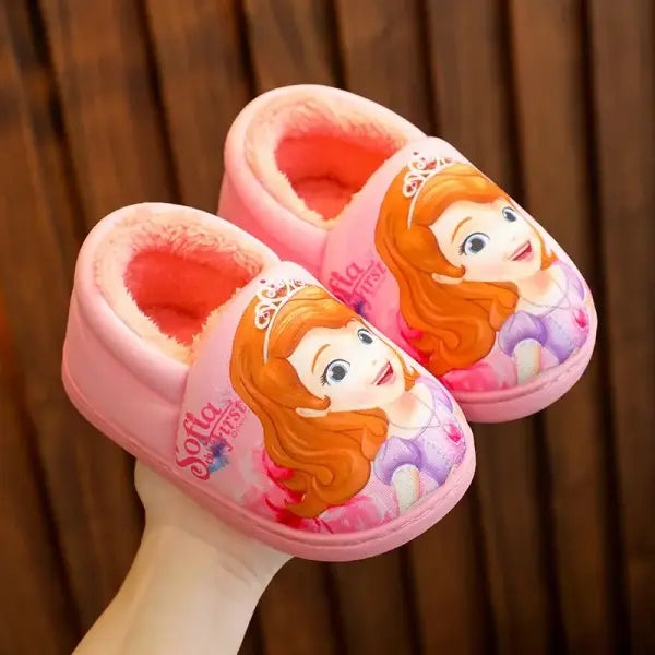 Disney Princess Elsa Winter Cotton Slippers for Girls – Warm Frozen Flats Black & Purple Sizes 24–40 - Pink heel