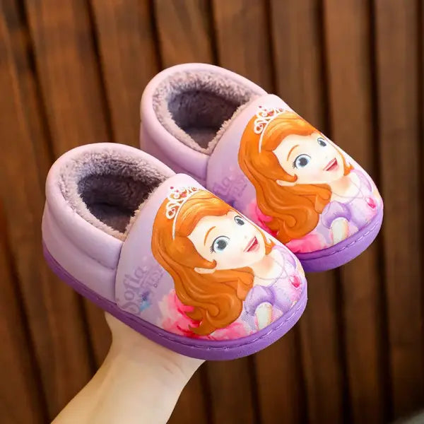 Disney Princess Elsa Winter Cotton Slippers for Girls – Warm Frozen Flats Black & Purple Sizes 24–40 - Purple A heel