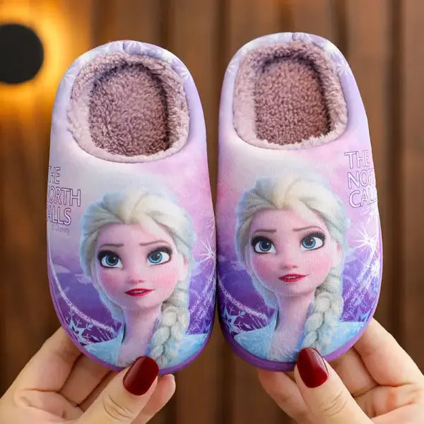 Disney Princess Elsa Winter Children’s Heel Cotton Slippers Girls’ Warm Frozen Kids’ Cotton Black Purple Flats Shoes