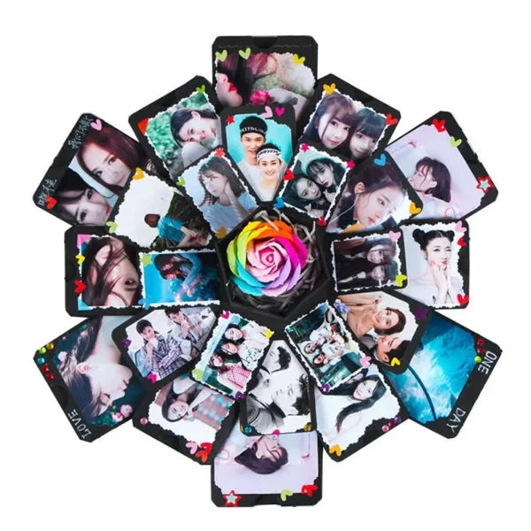 Circular photo collage resembling flower petals around a rainbow rose centerpiece in photo album