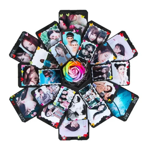 Circular photo collage resembling flower petals around a rainbow rose centerpiece in photo album