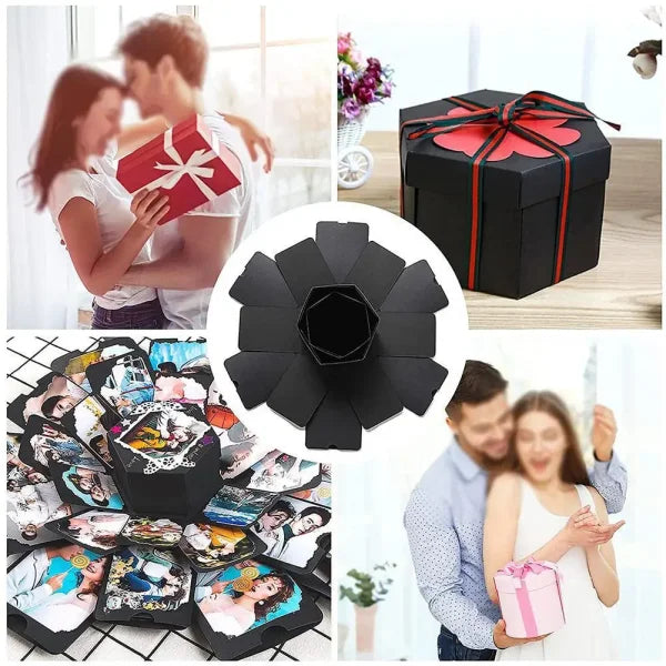Black explosion box photo album showcasing unfolding memory panels for special moments