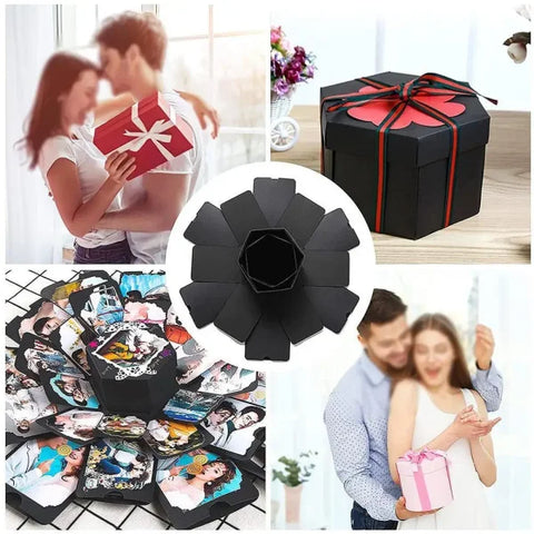 Black explosion box photo album showcasing unfolding memory panels for special moments