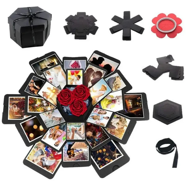 Hexagonal explosion box photo album with red roses, perfect for anniversary gifts