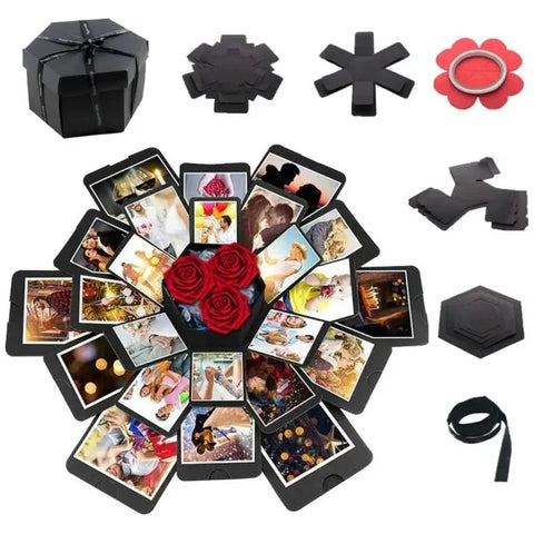 Hexagonal explosion box photo album with red roses, perfect for anniversary gifts
