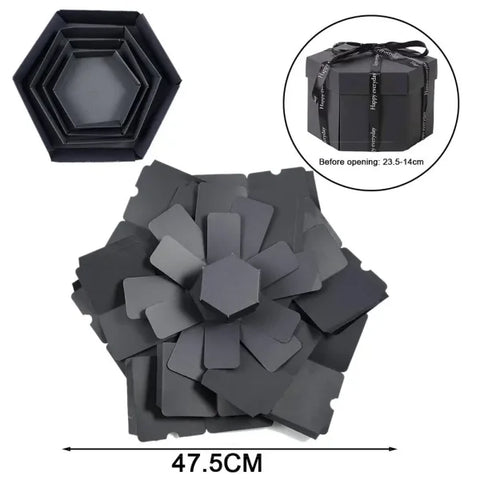 Black hexagonal explosion box unfolds into layered flower petals for a DIY photo album gift