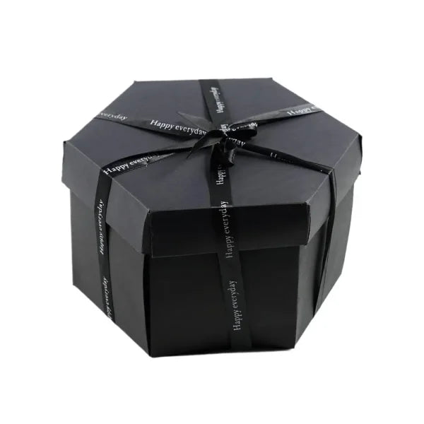 Black hexagonal gift box with Happy Birthday ribbon for DIY Explosion Photo Album