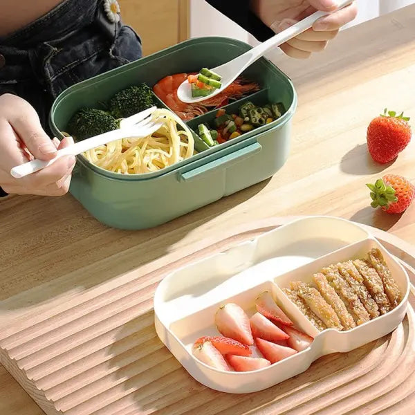 Double-layer Portable Lunch Box with Utensils for Microwave and Picnic - Green / 2