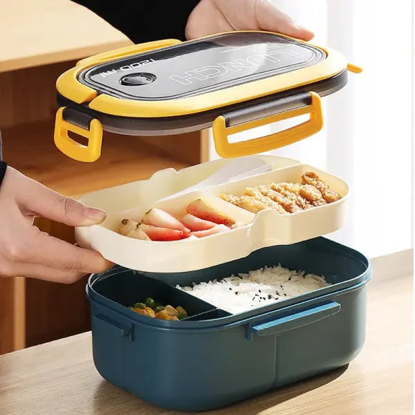 Double-layer Portable Lunch Box with Utensils for Microwave and Picnic - Green / 2