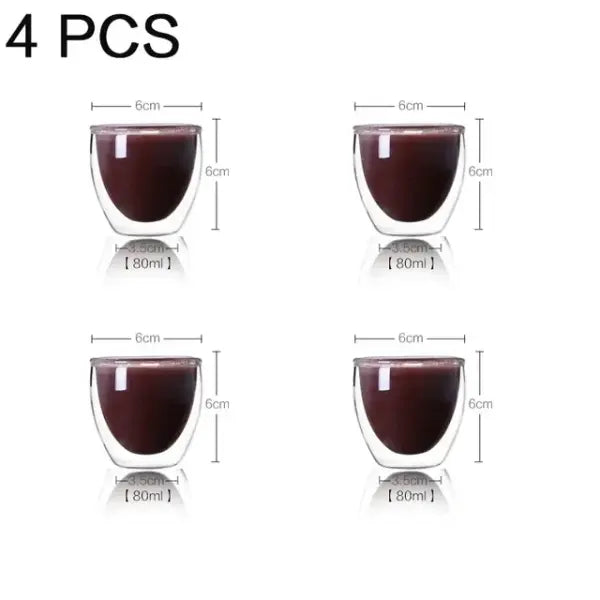 Double Wall Glass Espresso Mug Transparent Handmade Heat Insulated Drinkware - 4 pcs 80ml / 80-450ml