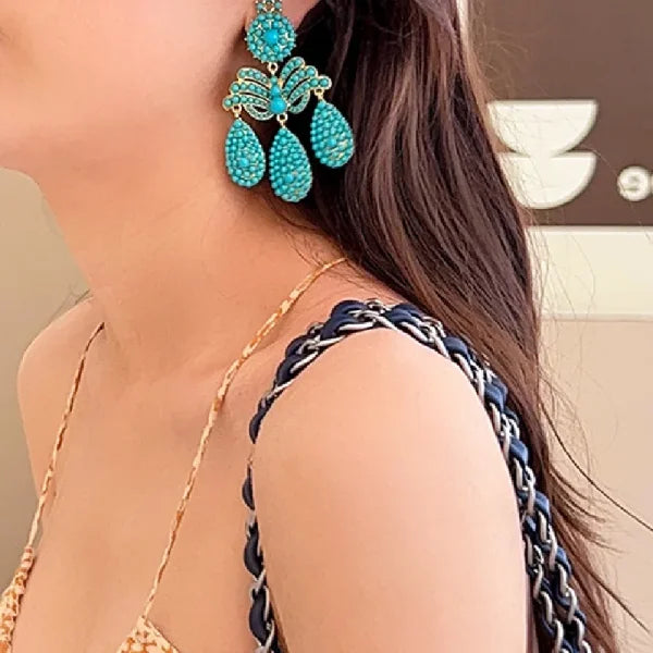 Draweye Turquoise Earrings in Vintage Tassel Elegant Beach Style - Himpall